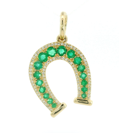 14K Yellow Gold Lucky Horseshoe Natural Diamond and Emerald Rondelle Charm Pendant
