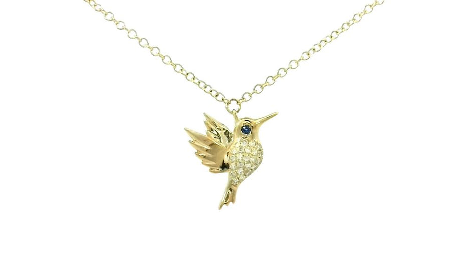 14K Yellow Gold Natural Diamond and Sapphire Hummingbird Necklace