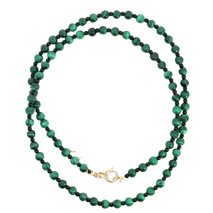 14K Yellow Gold Malachite & Black Agate Beaded Necklace