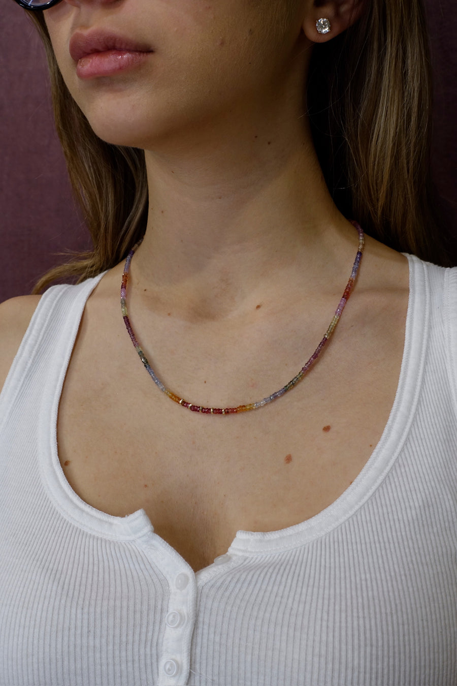 14K Yellow Gold Sunrise Rainbow Sapphire Gradient Beaded Necklace
