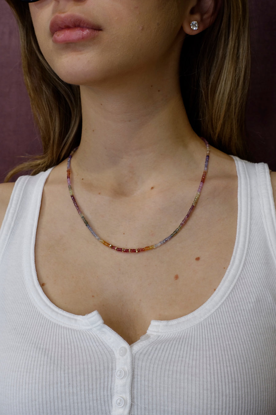 14K Yellow Gold Sunrise Rainbow Sapphire Gradient Beaded Necklace