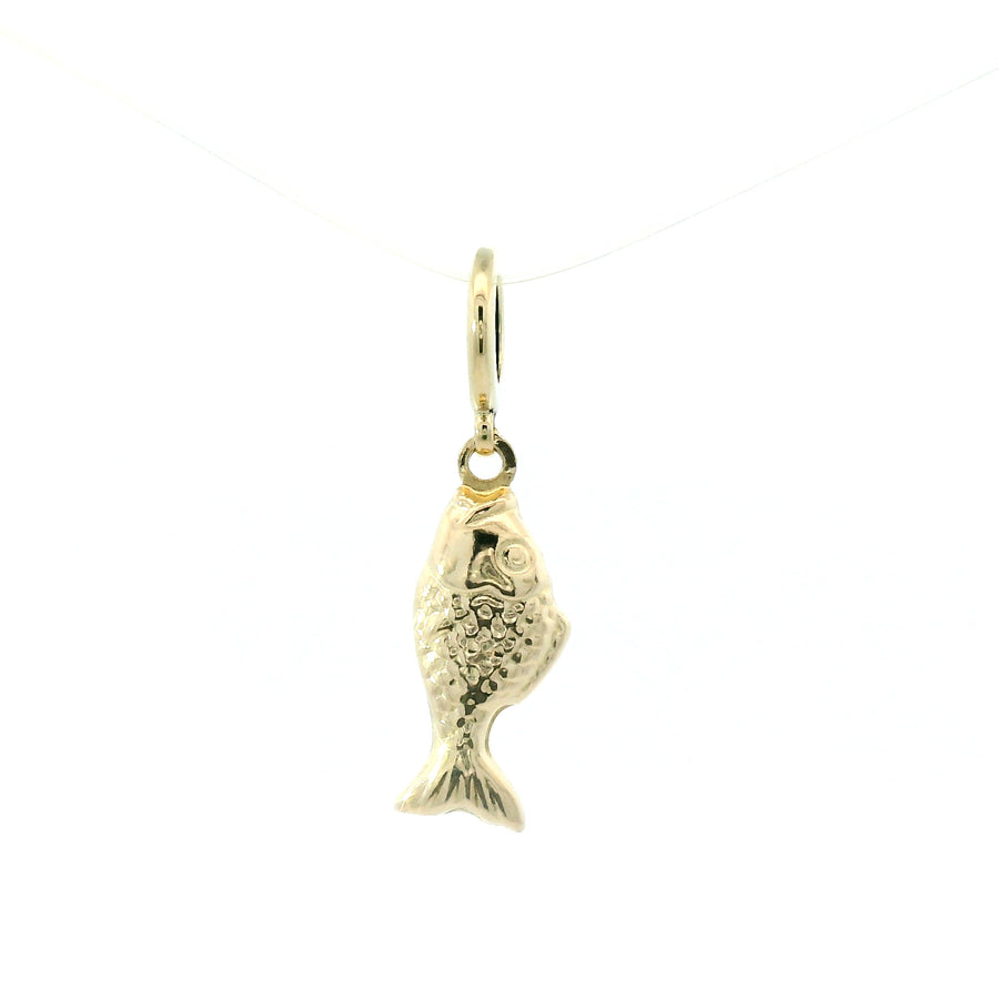 Gold fish-shaped pendant on a white background