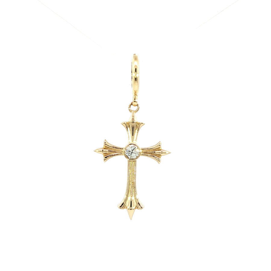 14K Yellow Gold Natural Diamond Fleur Cross Rondelle Pendant