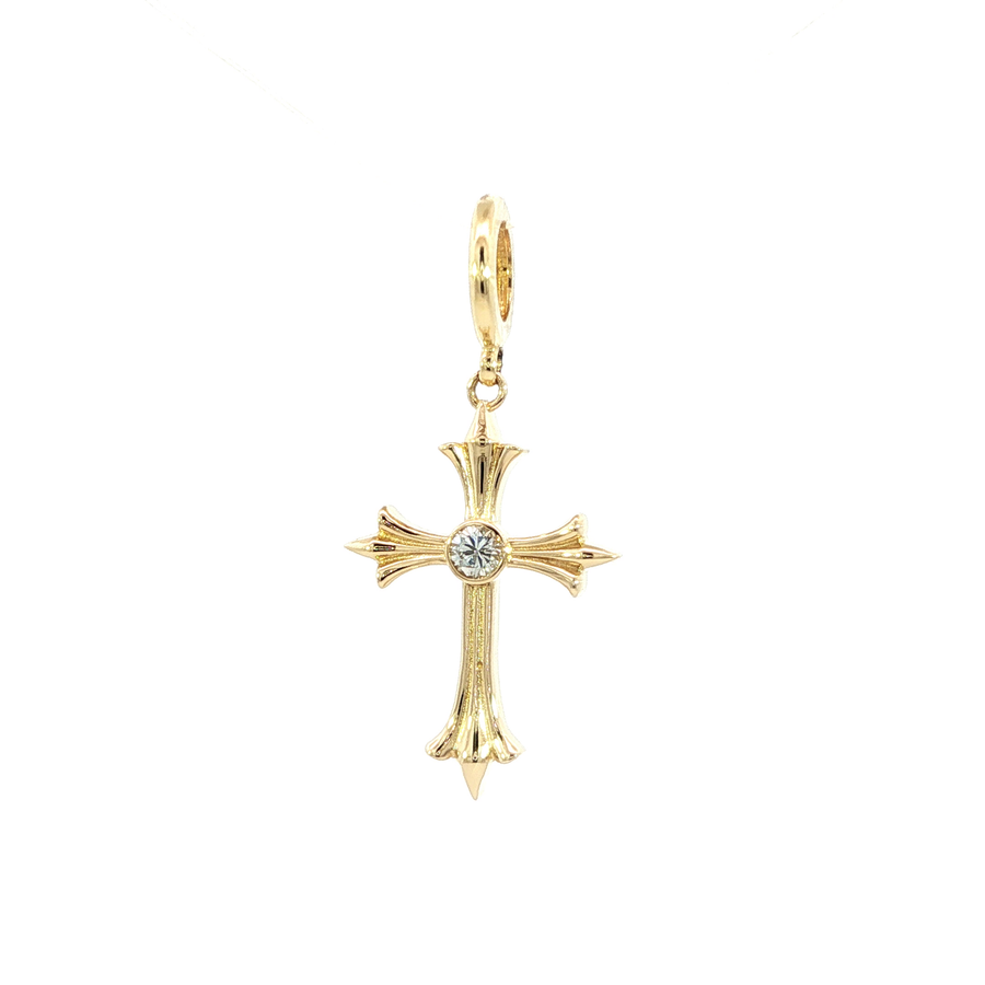 14K Yellow Gold Natural Diamond Fleur Cross Rondelle Pendant