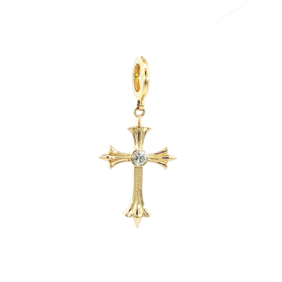 14K Yellow Gold Natural Diamond Fleur Cross Rondelle Pendant