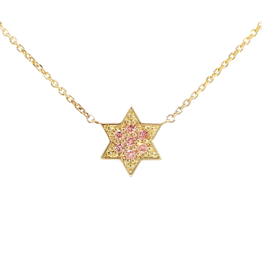 14K Yellow Gold Star of David Seven Diamond Necklace