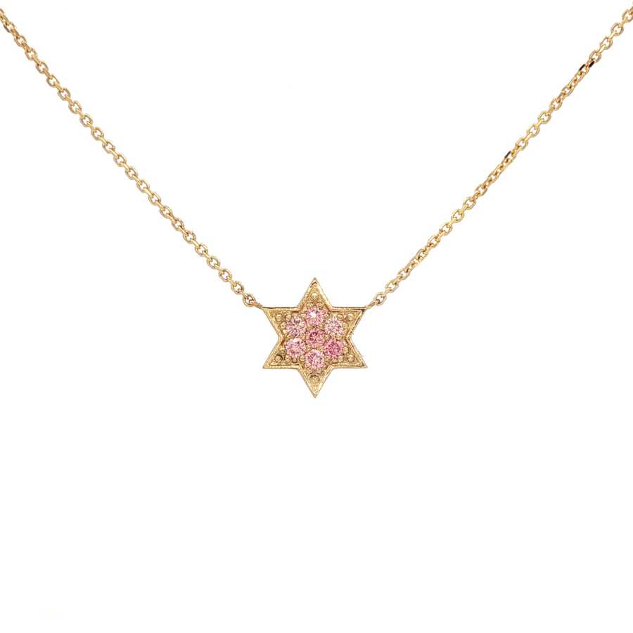 14K Yellow Gold Star of David Seven Diamond Necklace