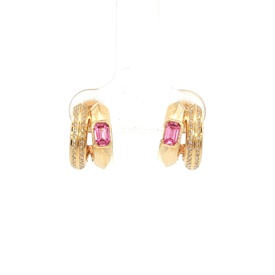 14K Yellow Gold Natural Diamond Pink Sapphire Double Loop Illusion Stud Earrings