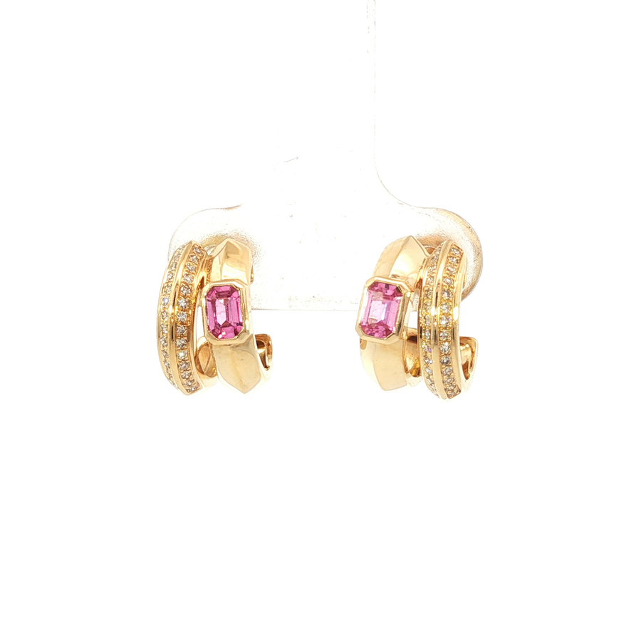 14K Yellow Gold Natural Diamond Pink Sapphire Double Loop Illusion Stud Earrings