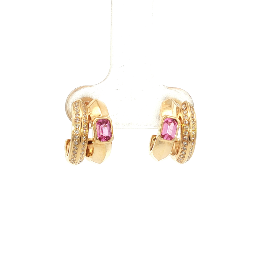 14K Yellow Gold Natural Diamond Pink Sapphire Double Loop Illusion Stud Earrings