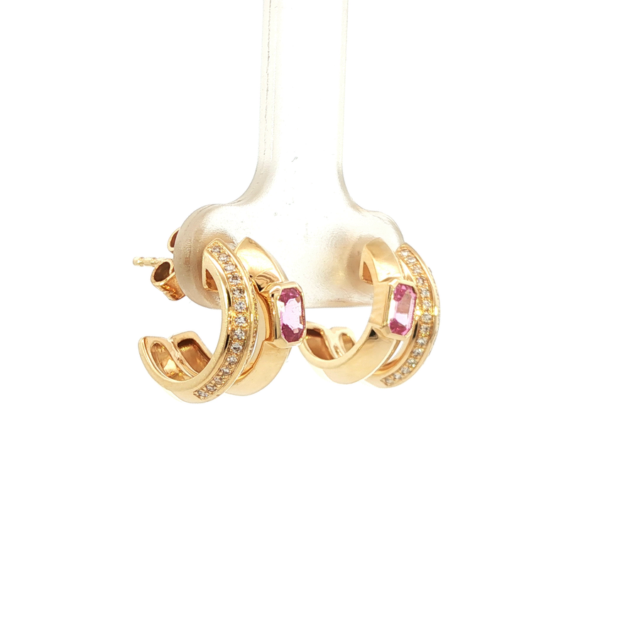 14K Yellow Gold Natural Diamond Pink Sapphire Double Loop Illusion Stud Earrings