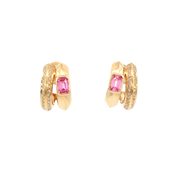 14K Yellow Gold Natural Diamond Pink Sapphire Double Loop Illusion Stud Earrings