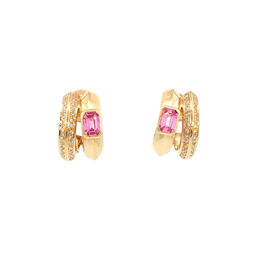 14K Yellow Gold Natural Diamond Pink Sapphire Double Loop Illusion Stud Earrings