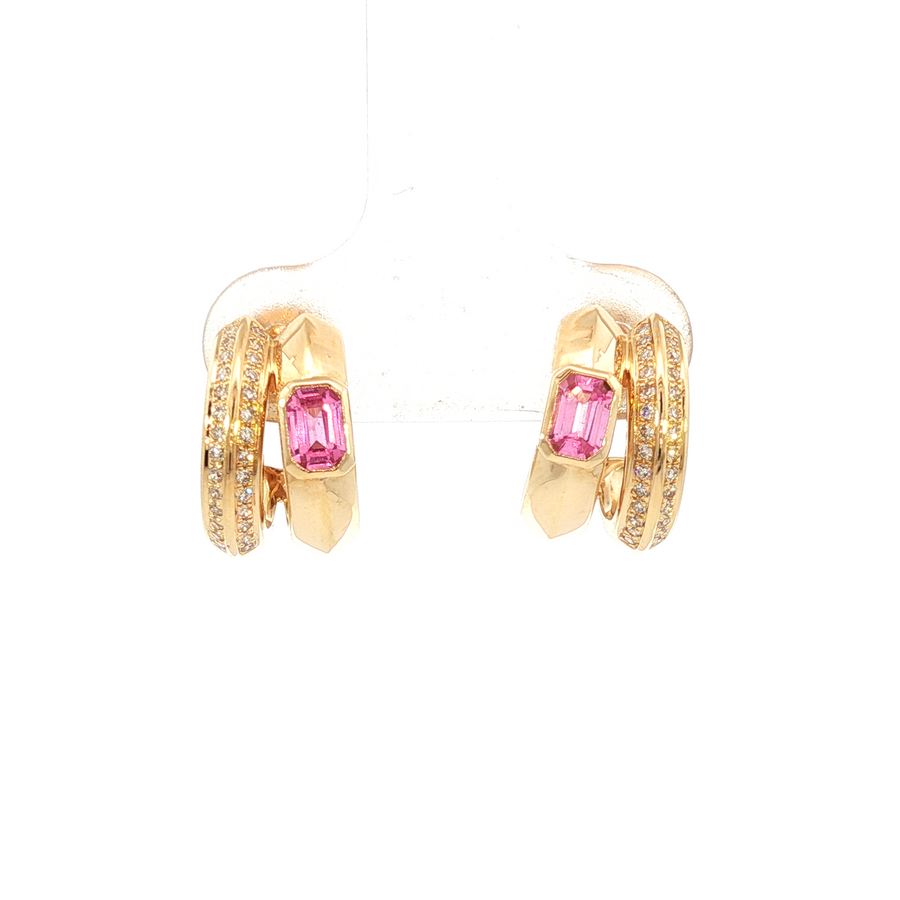 14K Yellow Gold Natural Diamond Pink Sapphire Double Loop Illusion Stud Earrings