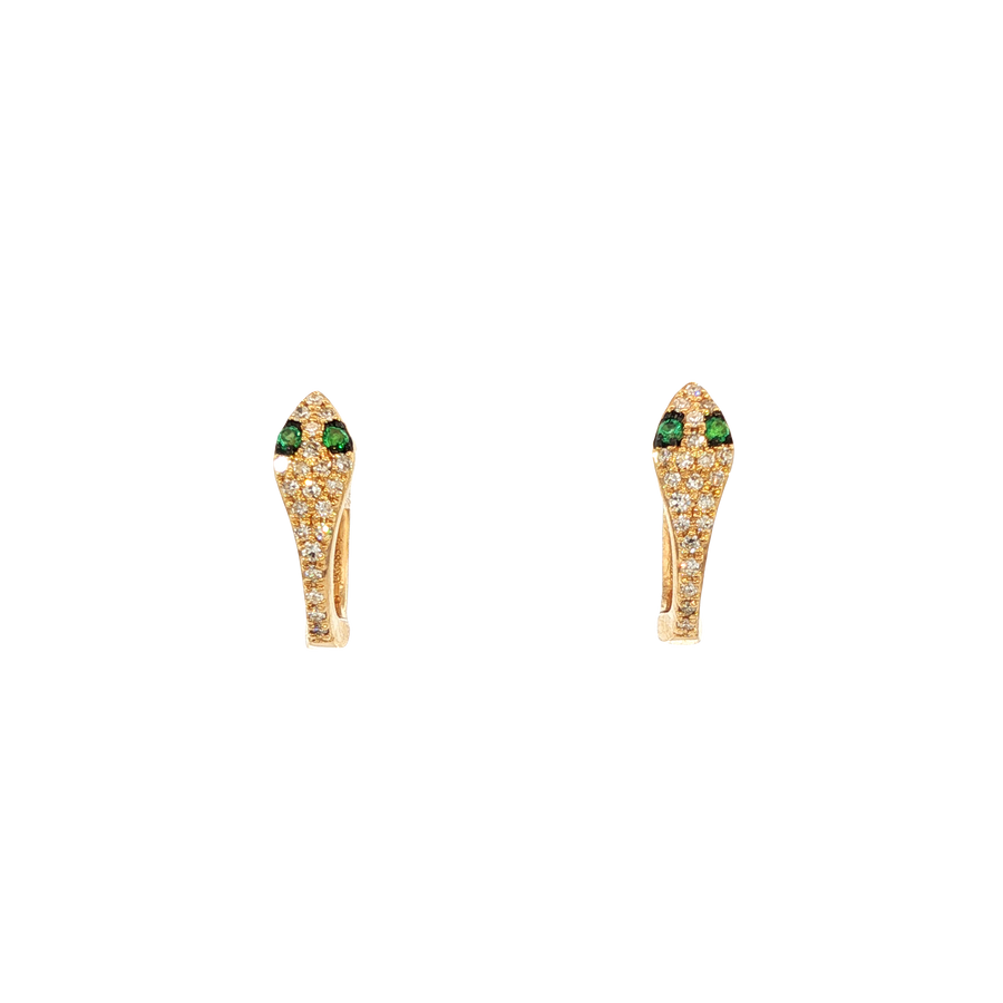 14K Yellow Gold Emerald and Natural Diamond Snake Huggies