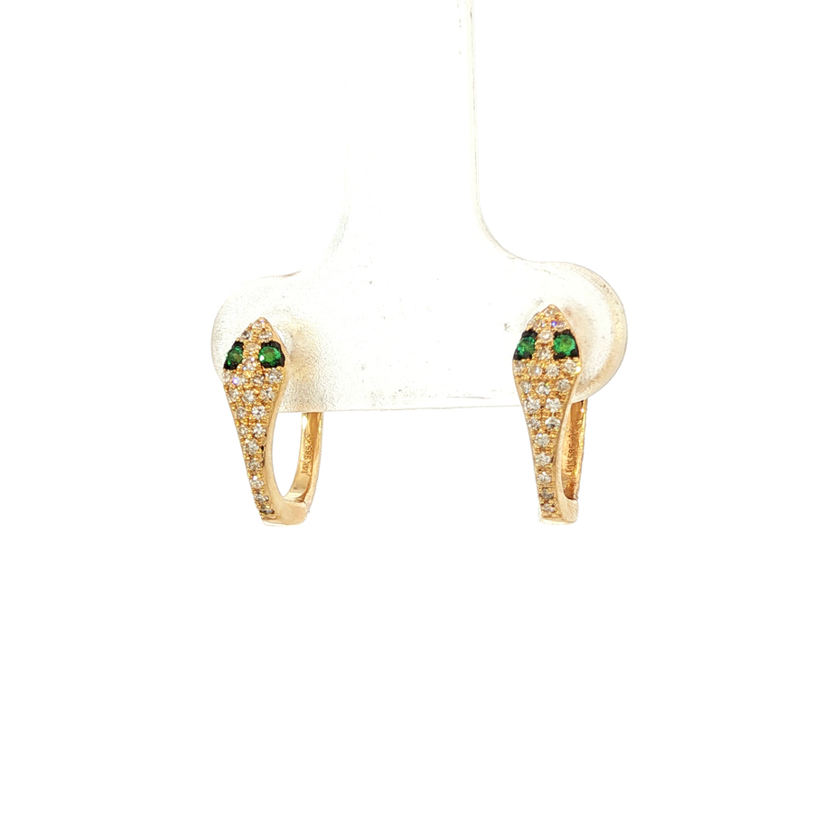 14K Yellow Gold Emerald and Natural Diamond Snake Huggies