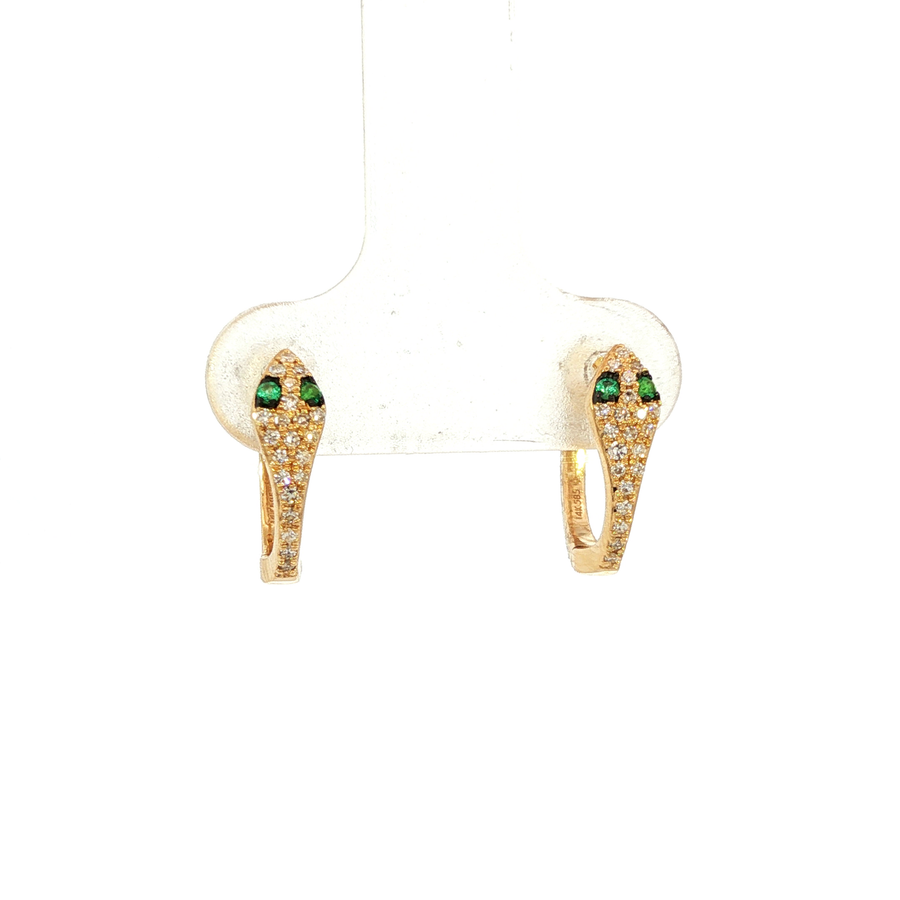 14K Yellow Gold Emerald and Natural Diamond Snake Huggies