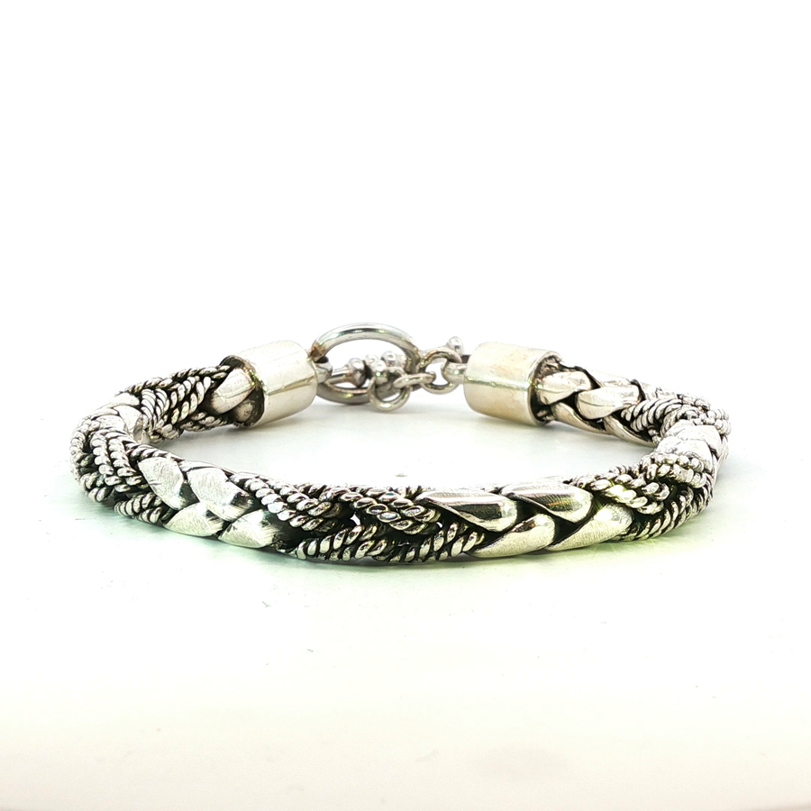 925 Sterling Silver Alternating Scale and Weave Box Bali Bracelet
