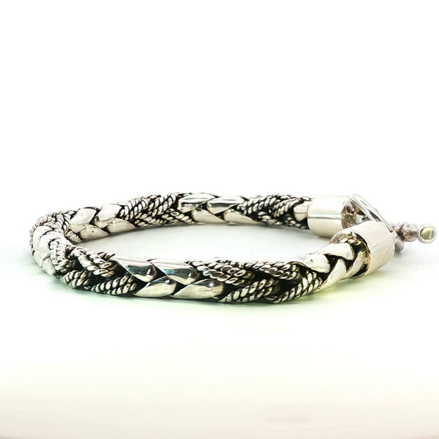 925 Sterling Silver Alternating Scale and Weave Box Bali Bracelet