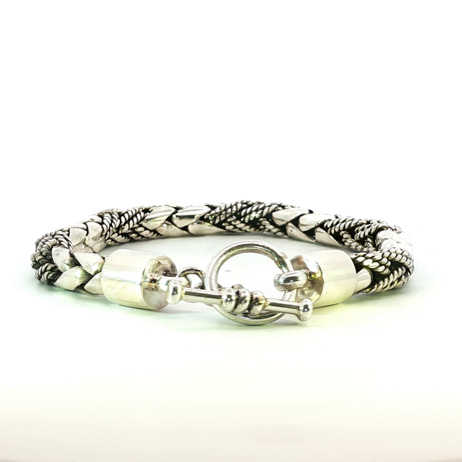 925 Sterling Silver Alternating Scale and Weave Box Bali Bracelet