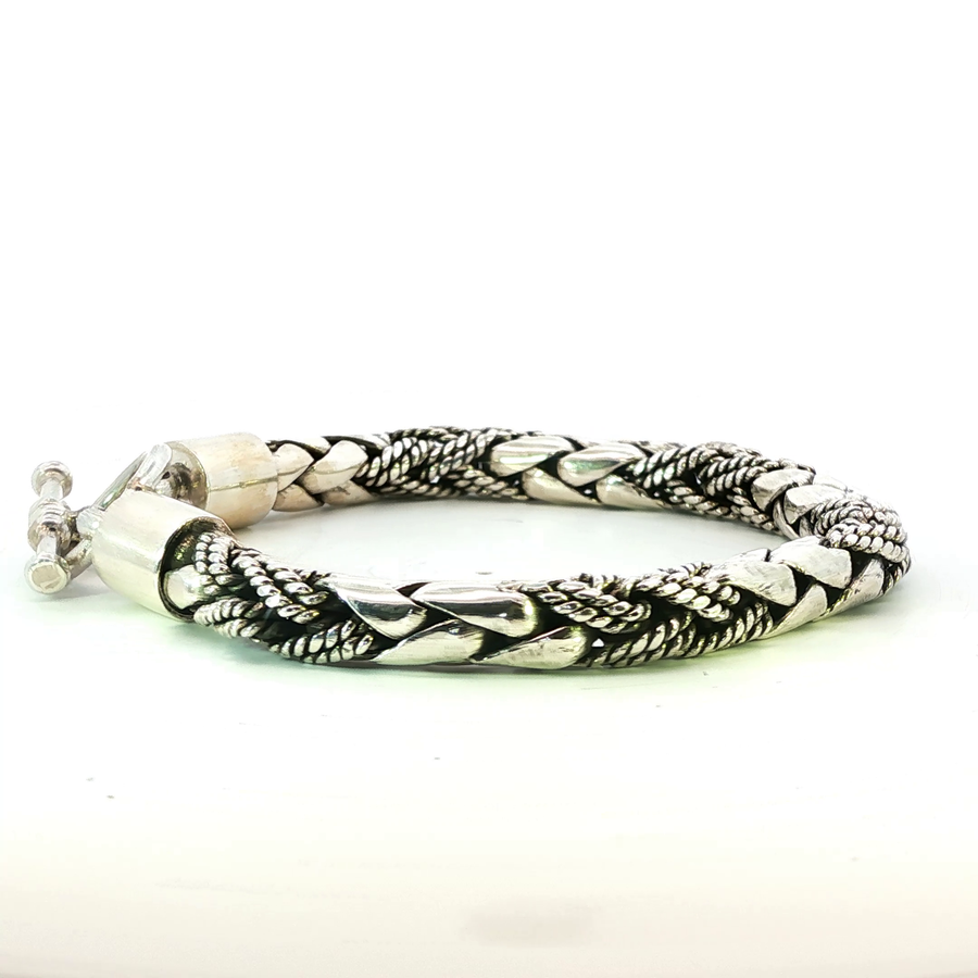 925 Sterling Silver Alternating Scale and Weave Box Bali Bracelet