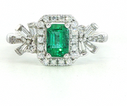 18K White Gold Emerald & Natural Diamonds Regal Vintage Inspired Ring