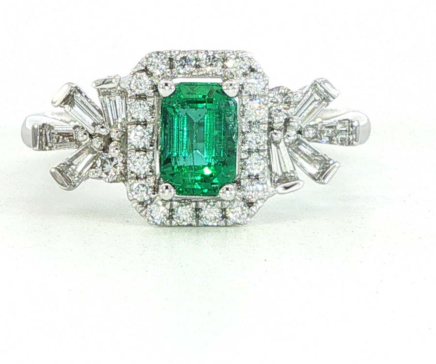 18K White Gold Emerald & Natural Diamonds Regal Vintage Inspired Ring