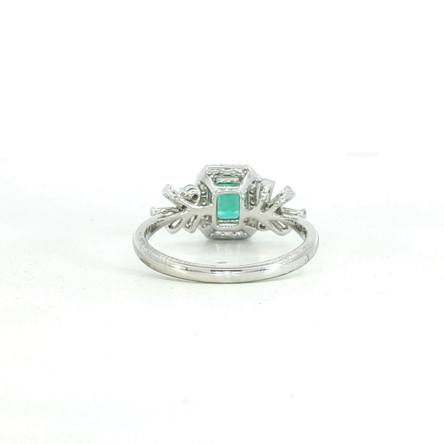 18K White Gold Emerald & Natural Diamonds Regal Vintage Inspired Ring