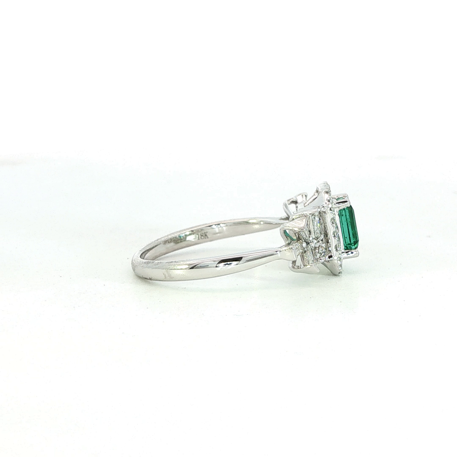 18K White Gold Emerald & Natural Diamonds Regal Vintage Inspired Ring
