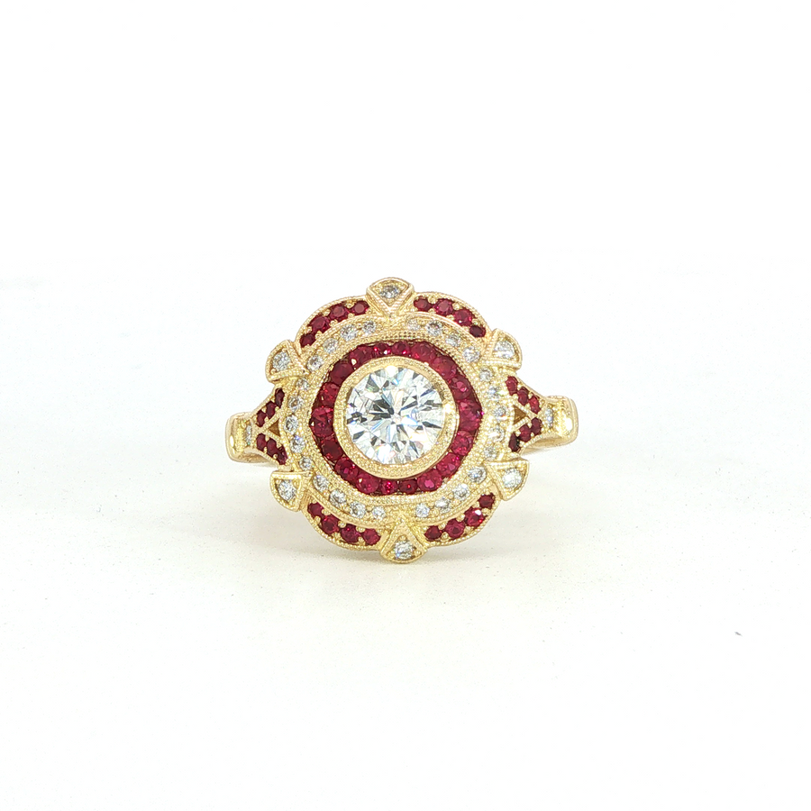 14K Yellow Gold Lab Diamond & Ruby Vintage Inspired Ring