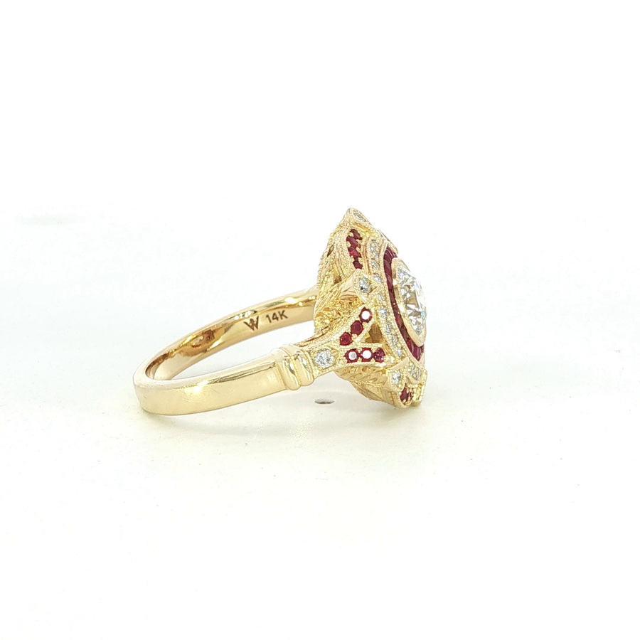 14K Yellow Gold Lab Diamond & Ruby Vintage Inspired Ring