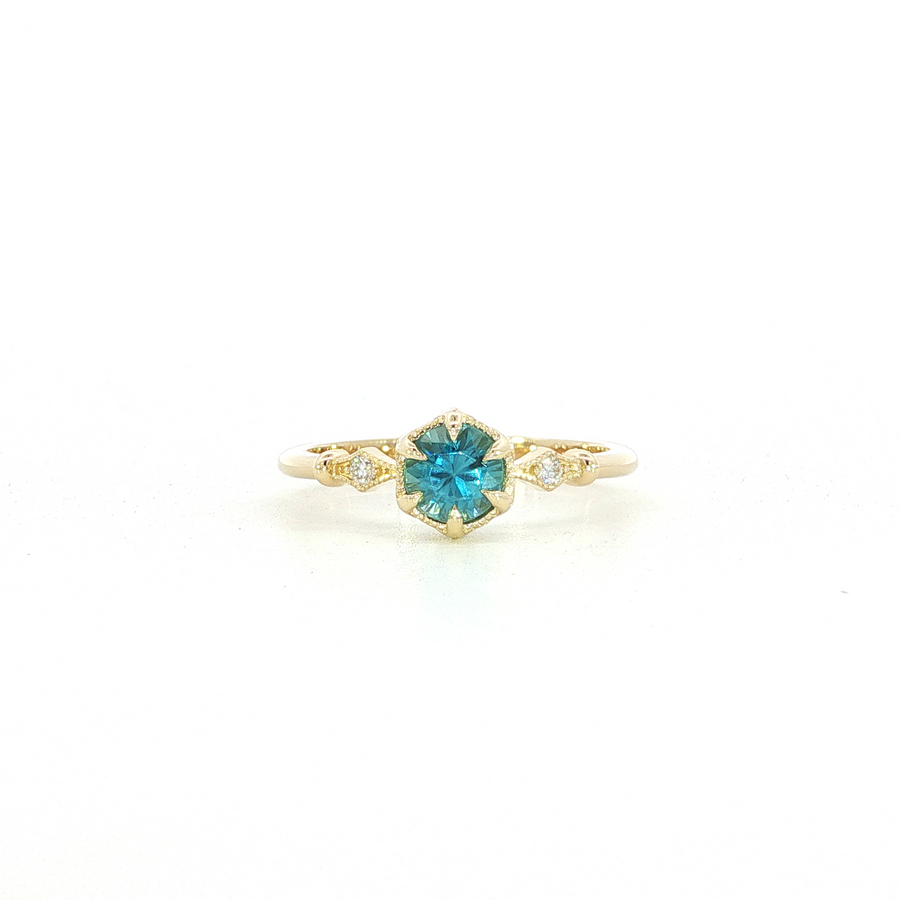 14K Yellow Gold Blue Zircon & Natural Diamonds Fairy Tale Ring