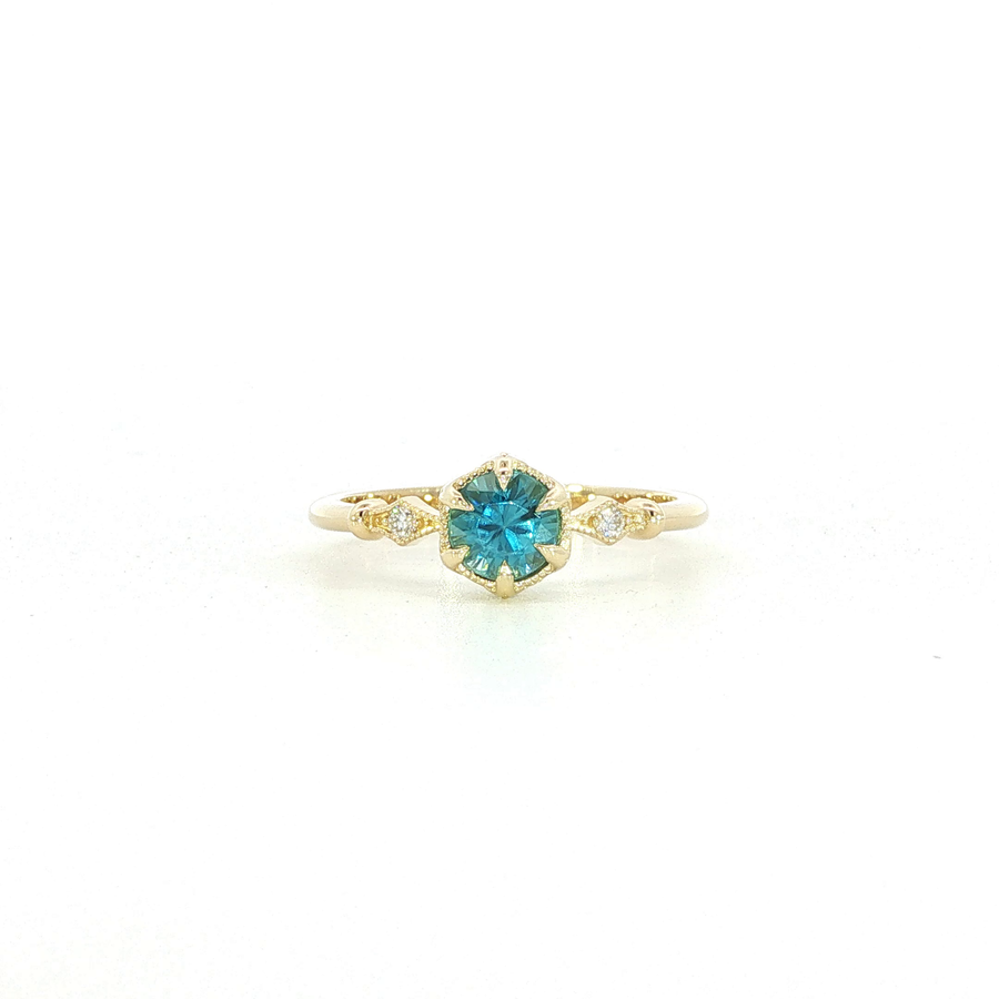 14K Yellow Gold Blue Zircon & Natural Diamonds Fairy Tale Ring