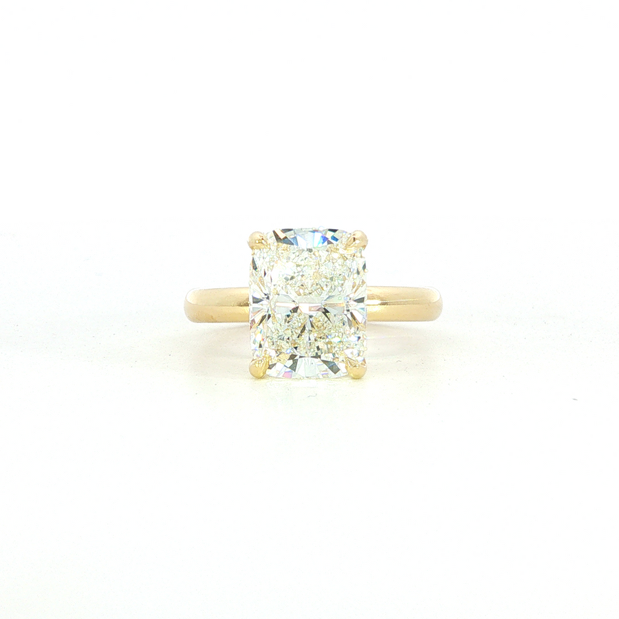 14K Yellow Gold Cushion Cut Lab Diamond Signature Solitaire Engagement Ring