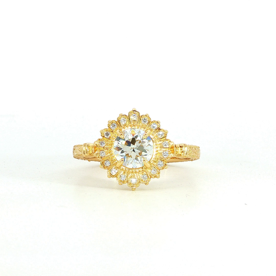 18K Yellow Gold Old Euro Cut Lab Diamond Vintage Inspired Engagement Ring