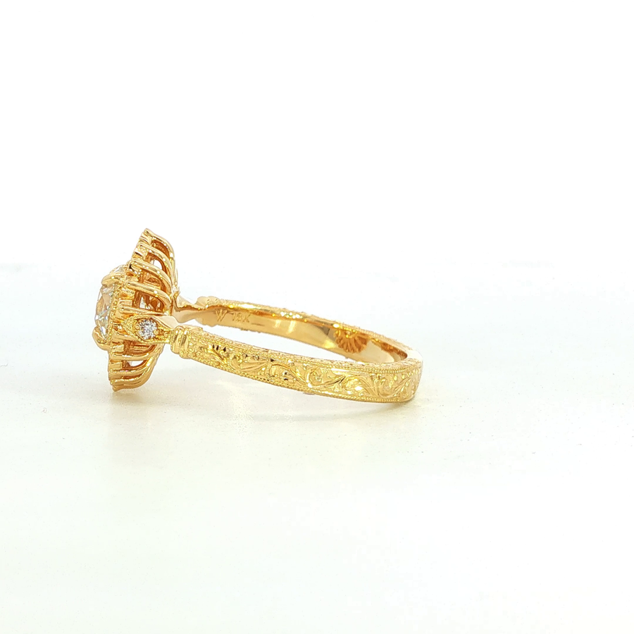 18K Yellow Gold Old Euro Cut Lab Diamond Vintage Inspired Engagement Ring