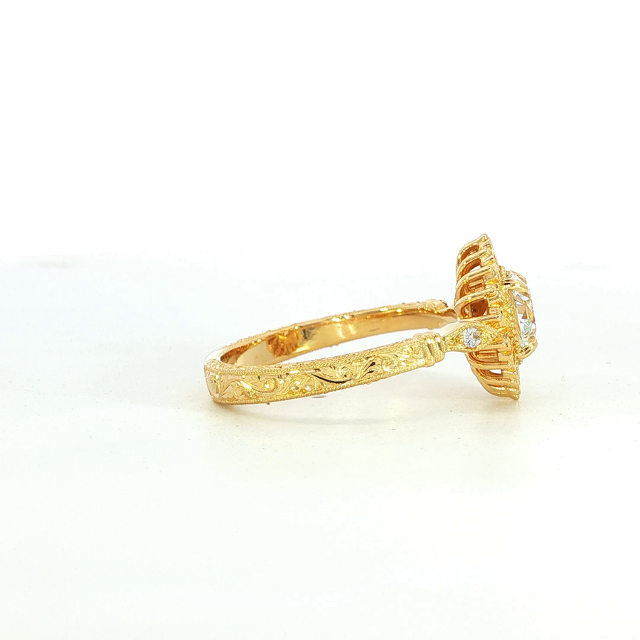 18K Yellow Gold Old Euro Cut Lab Diamond Vintage Inspired Engagement Ring