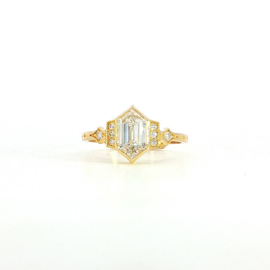 18K Yellow Gold Elongated Hexagon Lab Diamond Vintage Inspired Starfire Engagement Ring