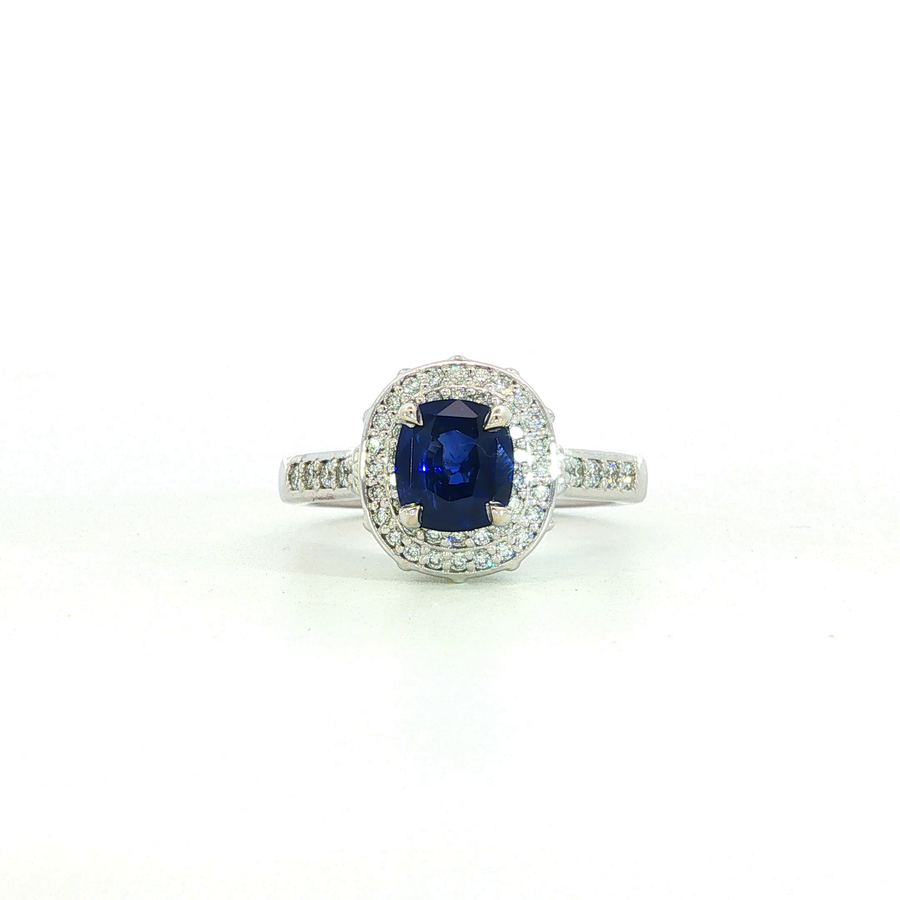14K White Gold Double Natural Diamond Halo Sapphire Engagement Ring