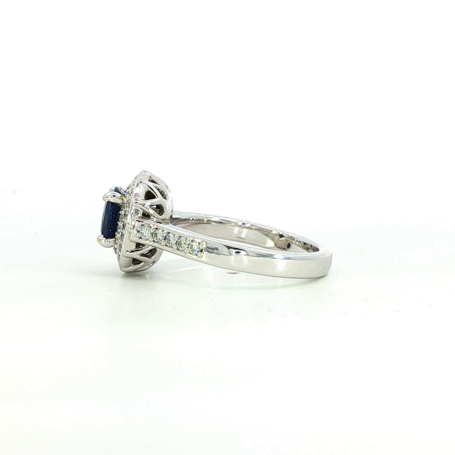 14K White Gold Double Natural Diamond Halo Sapphire Engagement Ring