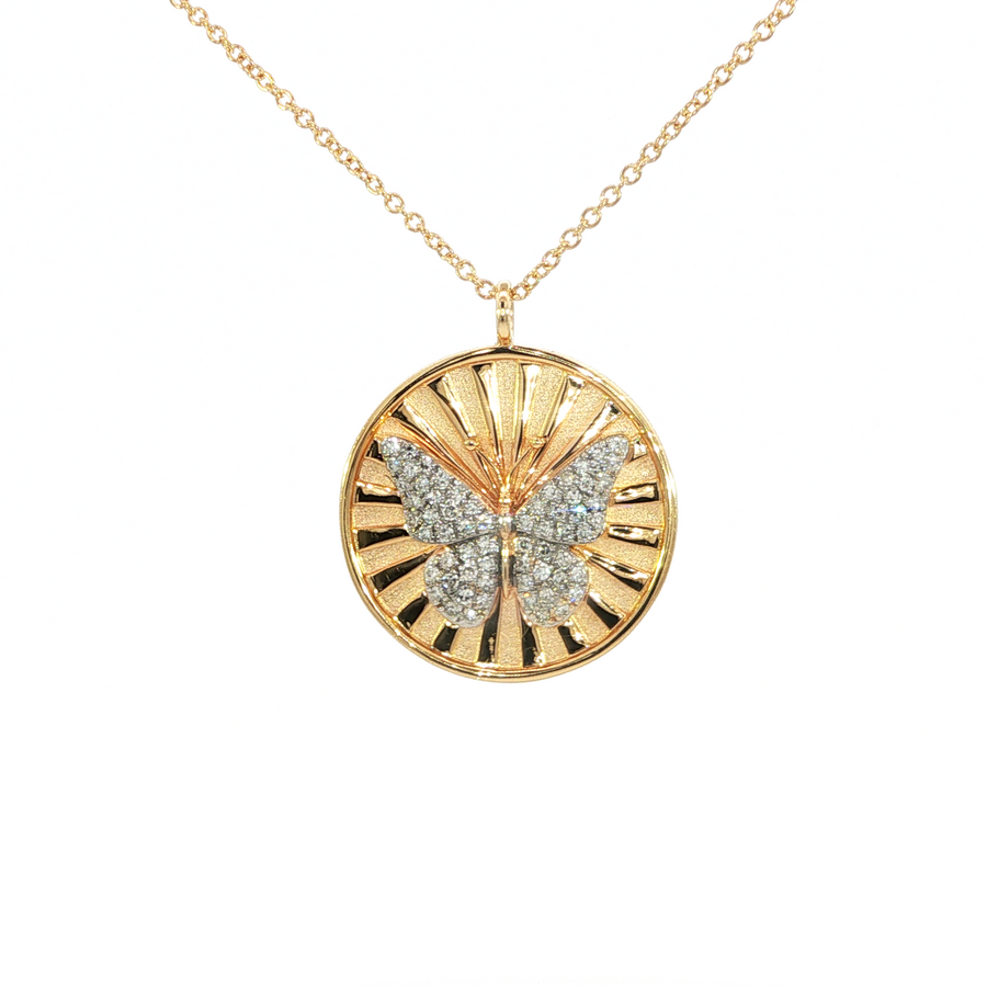 14K Yellow Gold Natural Diamond Vintage Inspired Butterfly Medallion Necklace