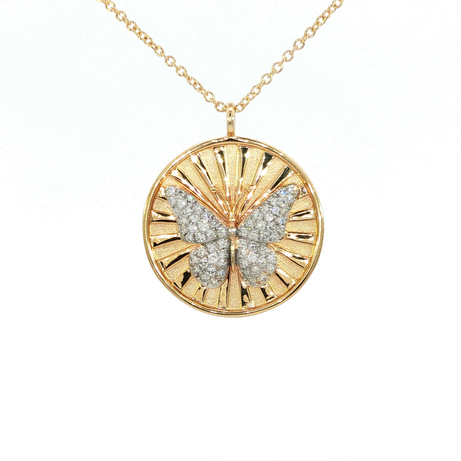 14K Yellow Gold Natural Diamond Vintage Inspired Butterfly Medallion Necklace