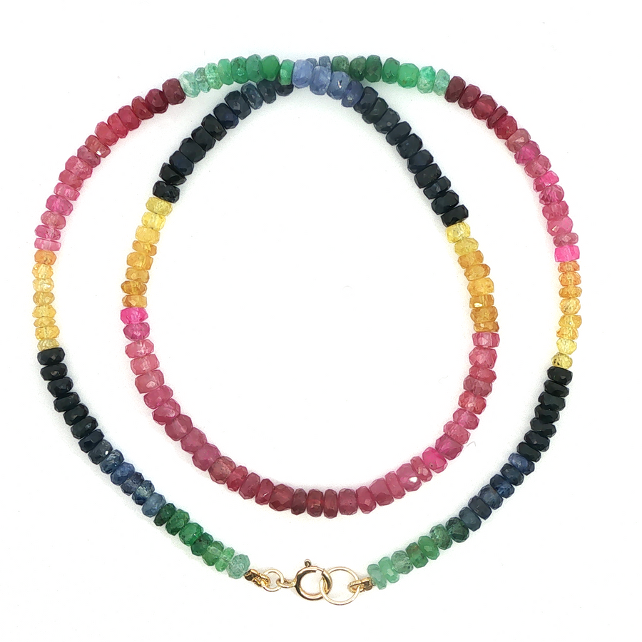 14K Yellow Gold Vibrant Rainbow Sapphire Beaded Necklace