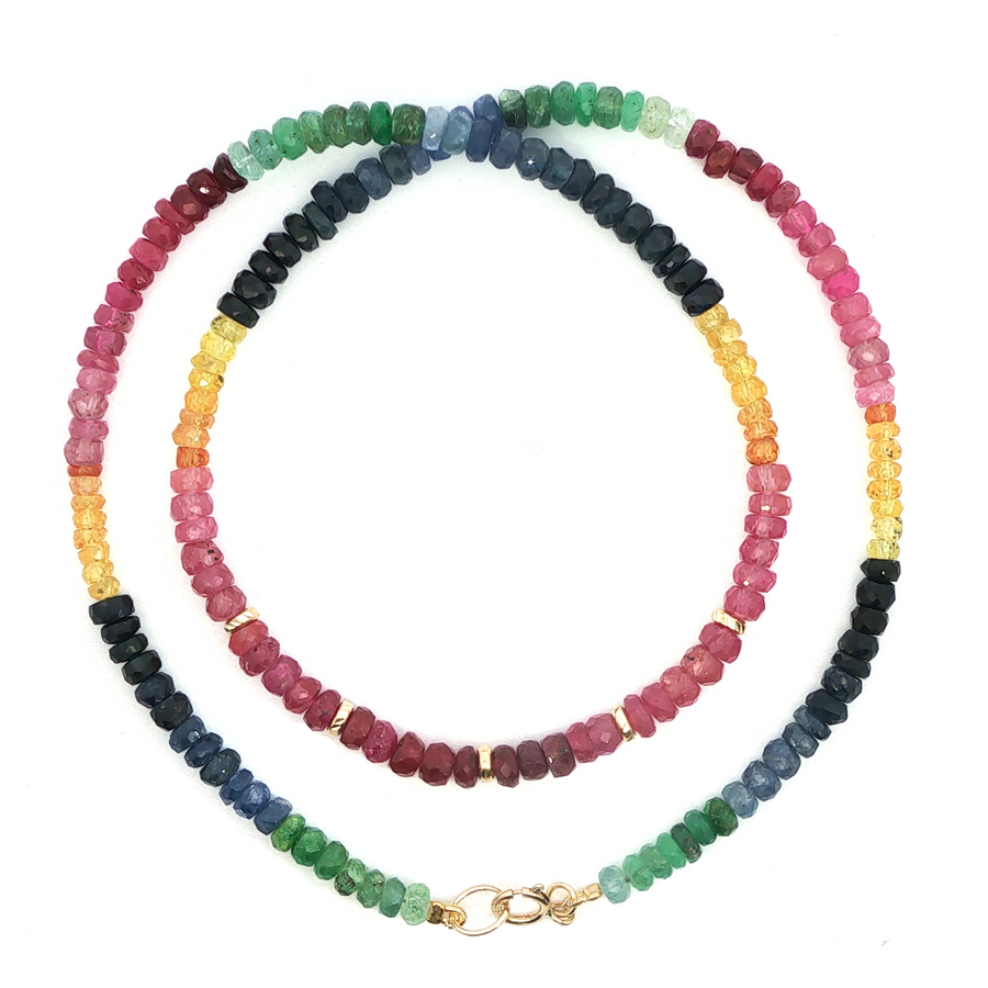 14K Yellow Gold Vibrant Rainbow Sapphire Beaded Necklace
