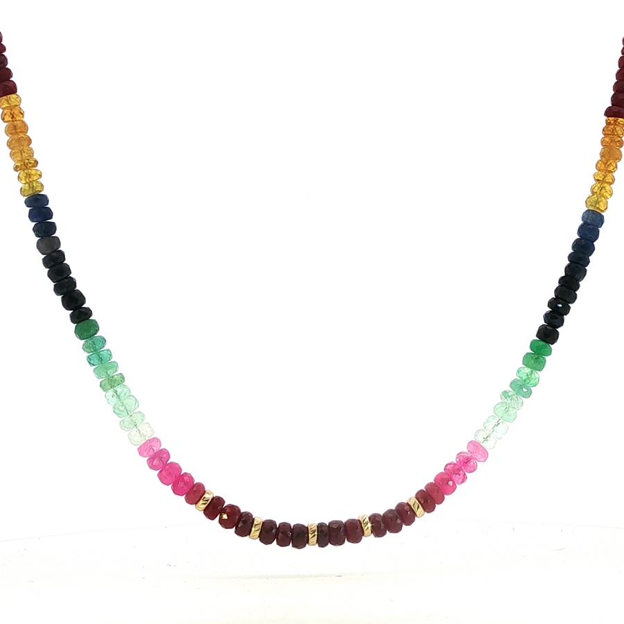 14K Yellow Gold Graduated Vibrant Rainbow Sapphire Beaded Necklace