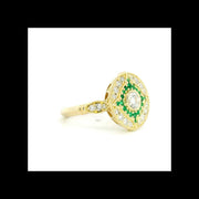 14K Yellow Gold Vintage Inspired Emeralds and Lab Diamonds Compass Amulet Ring