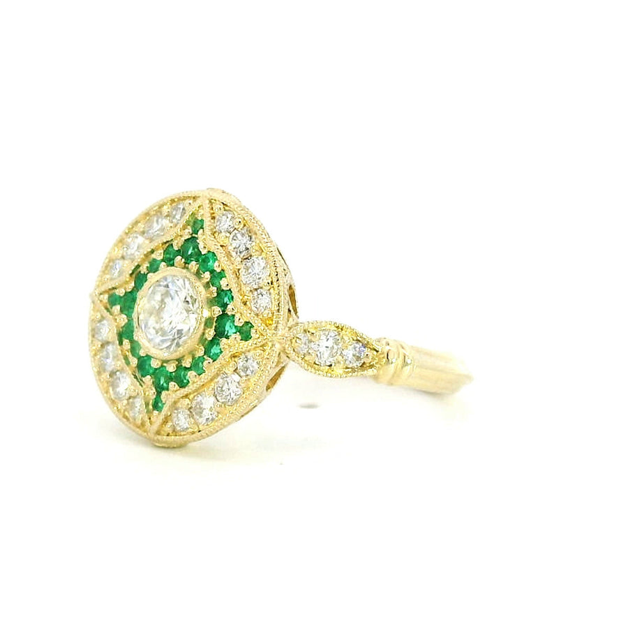 14K Yellow Gold Vintage Inspired Emeralds and Lab Diamonds Compass Amulet Ring