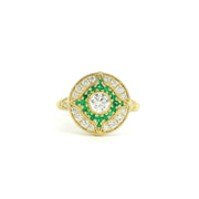 14K Yellow Gold Vintage Inspired Emeralds and Lab Diamonds Compass Amulet Ring