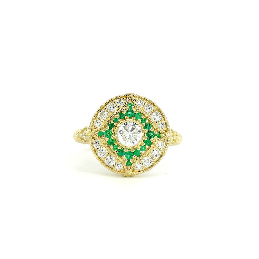 14K Yellow Gold Vintage Inspired Emeralds and Lab Diamonds Compass Amulet Ring