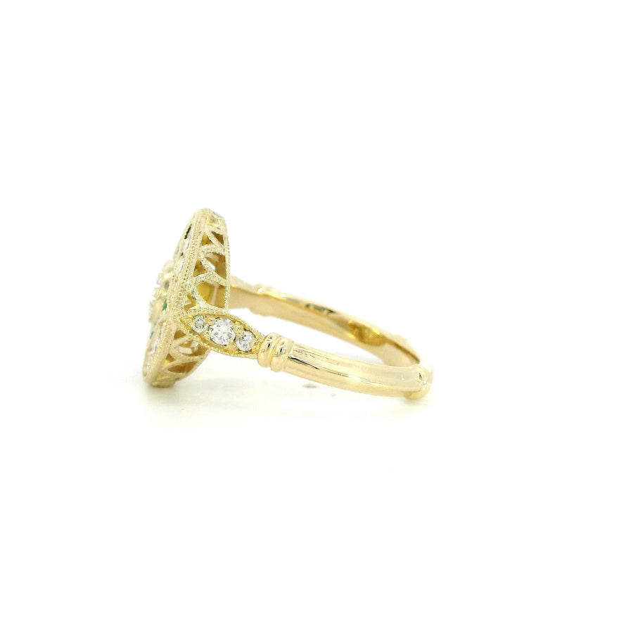14K Yellow Gold Vintage Inspired Emeralds and Lab Diamonds Compass Amulet Ring